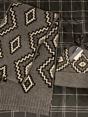 PENDLETON Kiva Steps scarf hat set gray black geometric pattern NWT